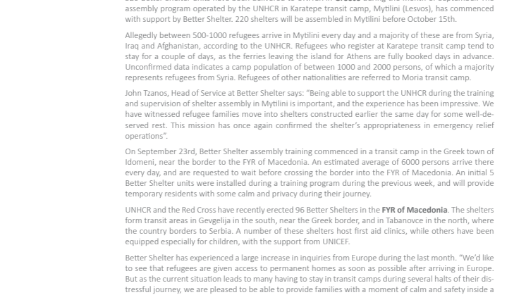 ​Successful assembly of Better Shelter units in Europe
