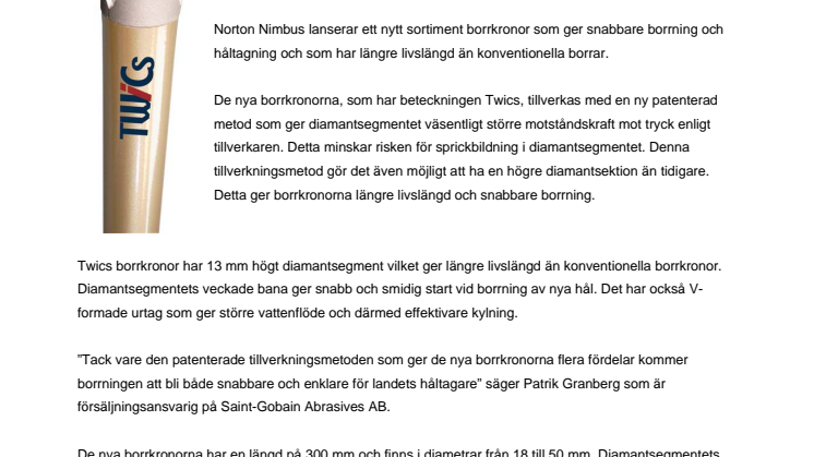 Nya borrkronor från Nimbus ger snabbare håltagning