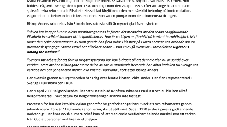 Svenska Elisabeth Hesselblad helgonförklaras