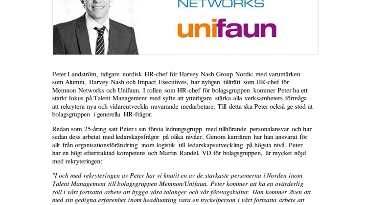 Peter Landström ny HR-chef på Memnon Networks och Unifaun