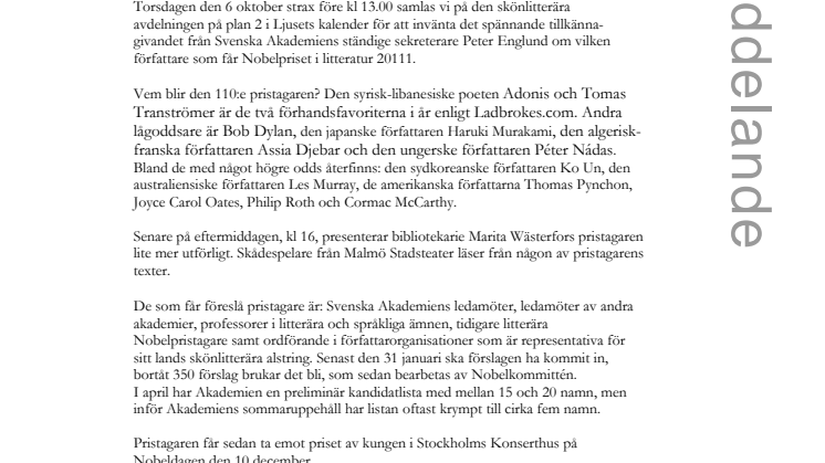 Dags för Nobelpriset i litteratur – välkommen till Stadsbiblioteket för att bevaka vem det blir!