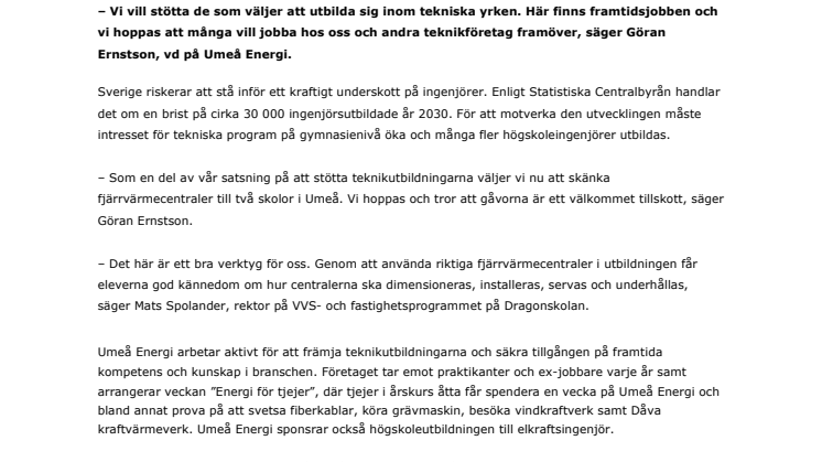 Umeå Energi skänker fjärrvärmecentraler till teknikutbildningar