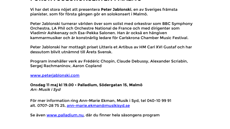 Peter Jablonski på Palladium Malmö 11 maj – första solokonserten i Malmö