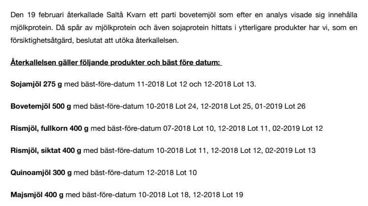 Saltå Kvarn återkallar produkter pga spår av mjölk -och sojaprotein