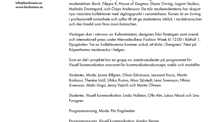 Beckmans visar samarbete med sju av Sveriges mest kända modemärken
