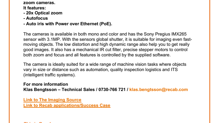 Launch: Camera with autofocus and auto iris with PoE from The Imaging Source.