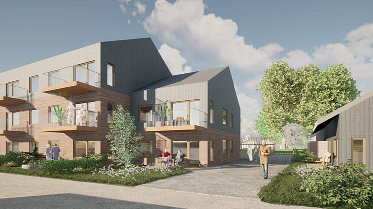 Visionsbild av bostäder för äldre i Dingtuna. Illustration: Erik Giudice Architects