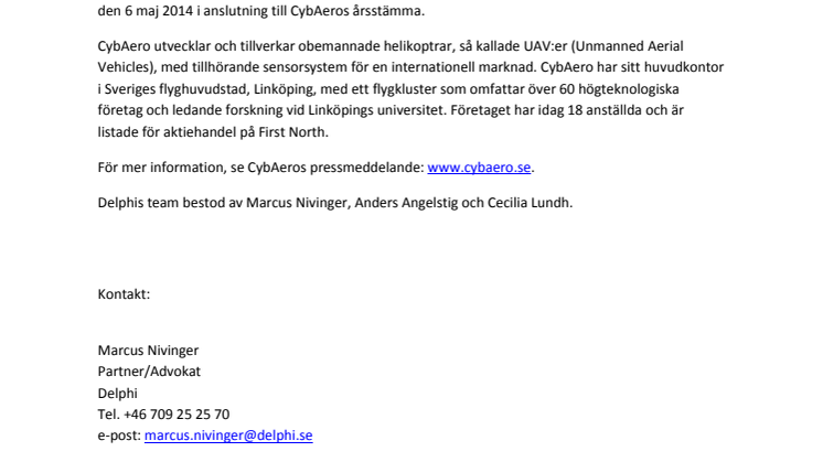 Delphi rådgivare i samband med att CybAero AB (publ) genomför nyemission 