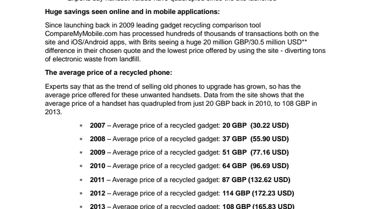 UK Consumers Quoted $30.5 Million In Savings Through Trusted Mobile Phone Recycling Comparison Site CompareMyMobile.com