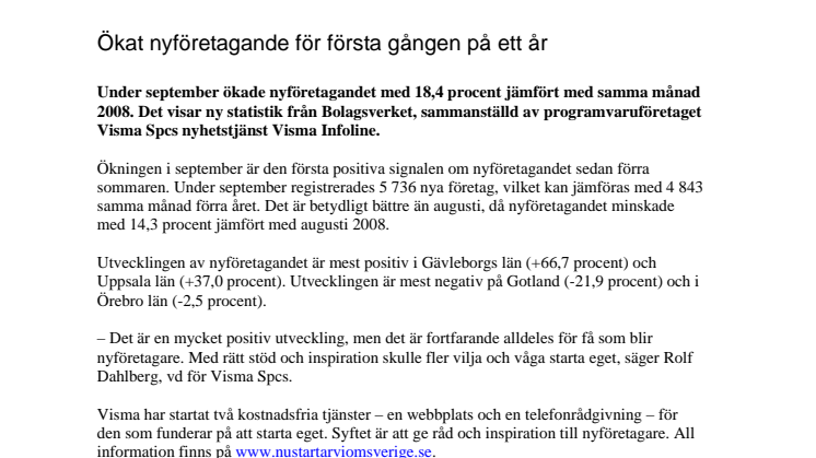 Ökat nyföretagande för första gången på ett år