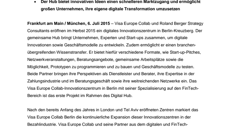 Visa Europe Collab und Roland Berger Strategy Consultants gründen gemeinsamen digitalen Hub in Berlin