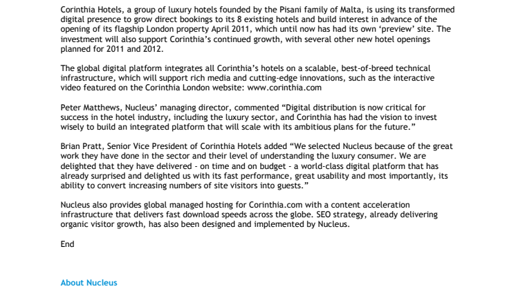 Corinthia Hotels sees new website bookings soar 273% in 2011
