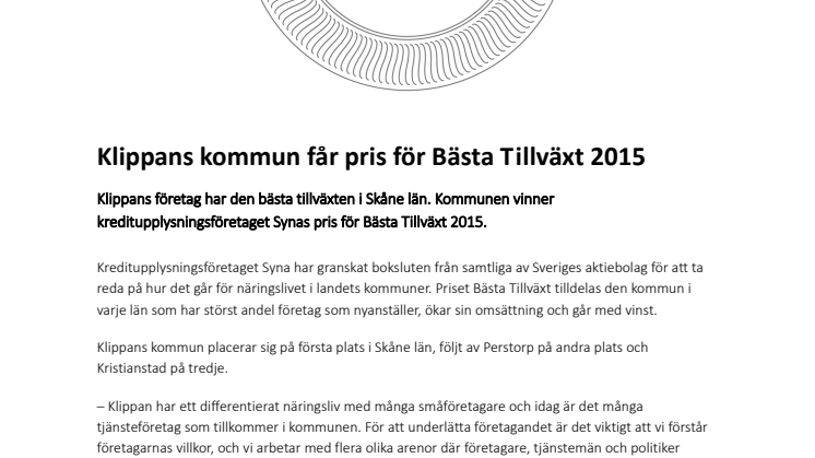 Klippans kommun får pris för Bästa Tillväxt 2015