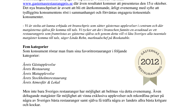 Bookatable lanserar nytt branschpris för restauranger - Gästernas Restaurangpris!