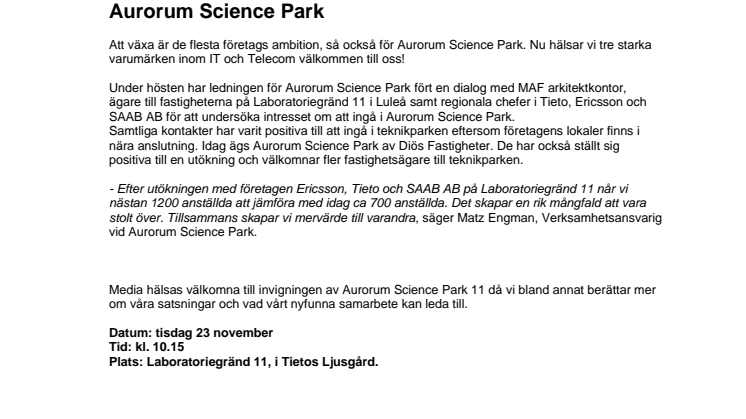 Världsledande forskning och teknikutveckling flyttar in i Aurorum Science Park