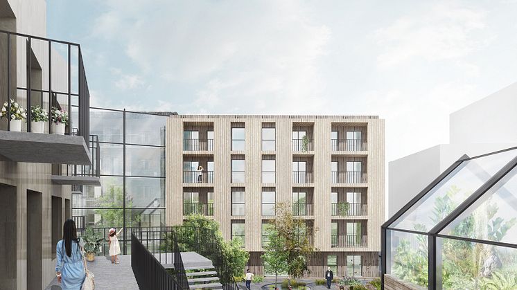 Vy från gård Kv. Kronparken, Rosendal Uppsala.  Dreem Arkitekter