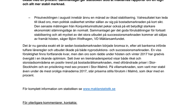 Kommentar till Svensk Mäklarstatistik: ”Goda förutsättningar för fortsatt stabilisering”