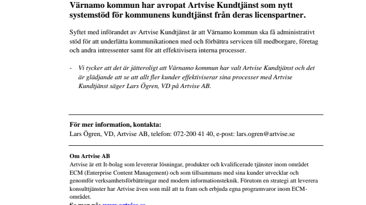 Artvise får order från Värnamo kommun gällande Artvise Kundtjänst