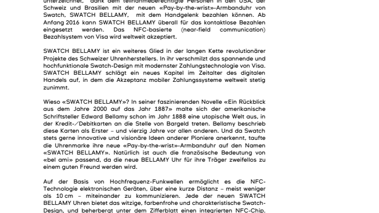 SWATCH UND VISA ERMÖGLICHEN KONTAKTLOSES PAY-BY-THE-WRIST