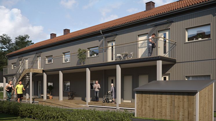 Illustration av entrésida med loftgångar och naturliga mötesplatser, BoKlok Krysset i Bålsta.