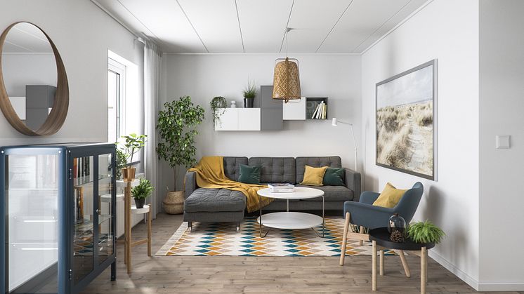 Illustration av interiör, vardagsrum, BoKlok småhus, 2020. 