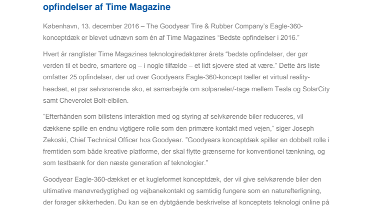 Goodyears Eagle-360 udnævnt som én af 2016s bedste opfindelser af Time Magazine