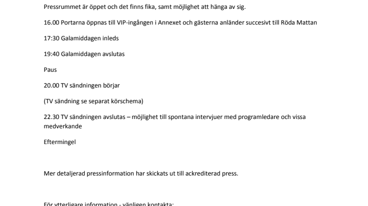 Hålltider för ackrediterad press under Svenska Idrottsgalan 2016