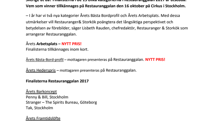Finalisterna klar till Restauranggalan 2017 - ”Tionde galan växer med två nya priser”