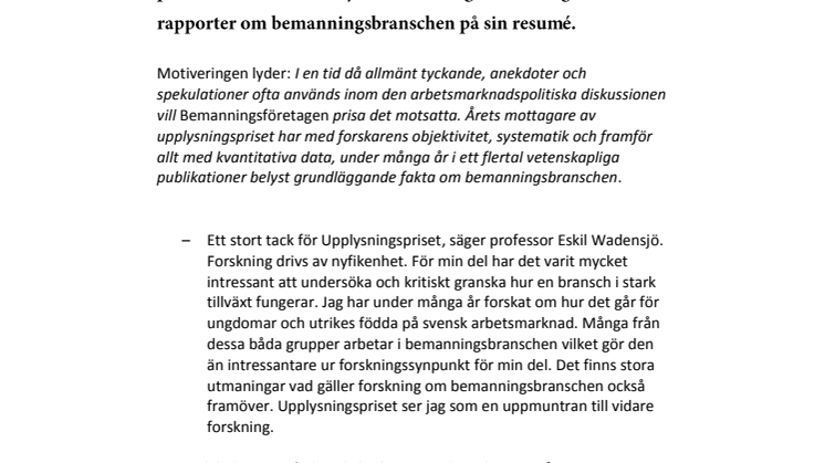 Professor Eskil Wadensjö årets Upplysningspristagare