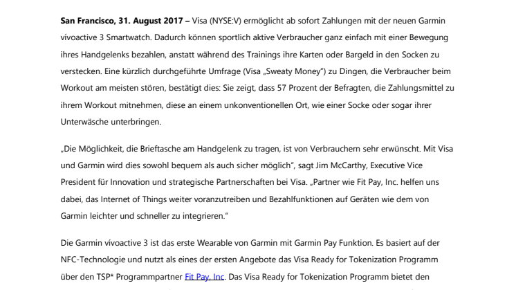 Visa integriert bequemes und sicheres Bezahlen in die Garmin® vívoactive 3 Smartwatch 