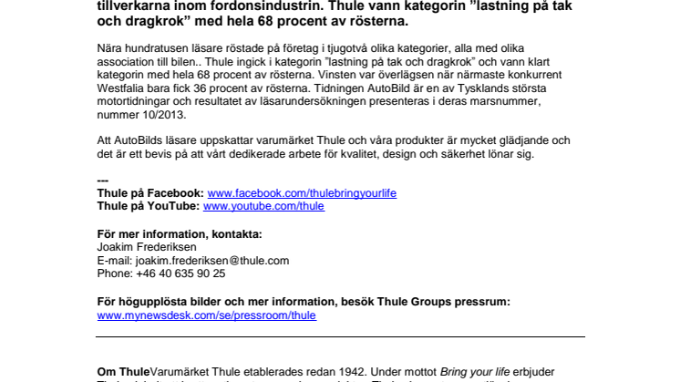 Thule framröstad som bästa leverantör i kategorin ”lastning på tak och dragkrok” av läsarna till tyska tidningen AutoBild
