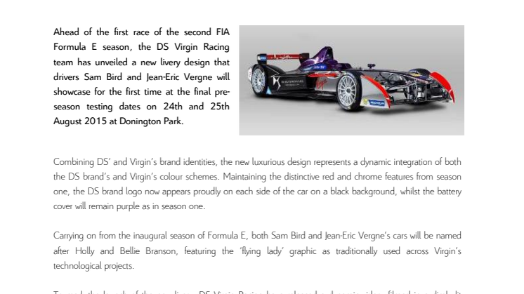DS PERFORMANCE ny avdelning för motorsport. DS Virgin Racing visar första fotona på Formel E-bilen DSV-01 