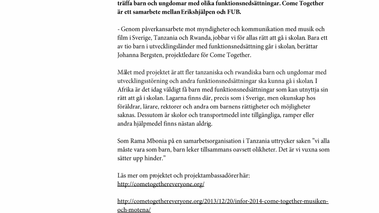 Come Together söker projektambassadörer från gymnasiesärskolan