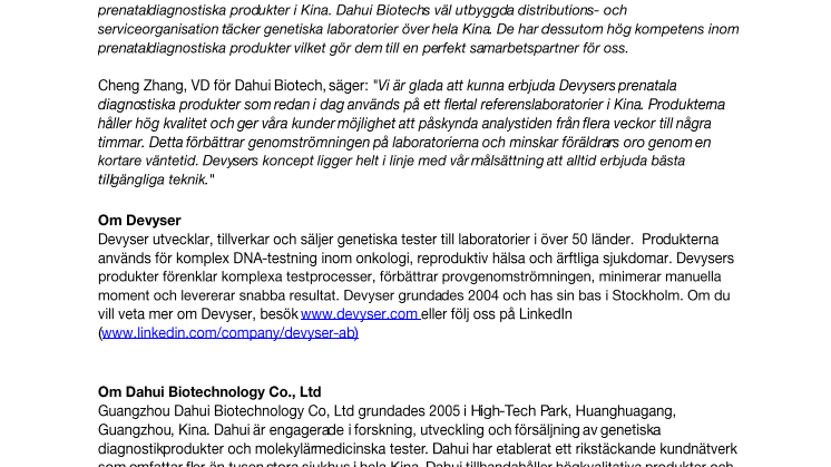 Devyser och Dahui Biotech ingår distributionsavtal för den kinesiska marknaden