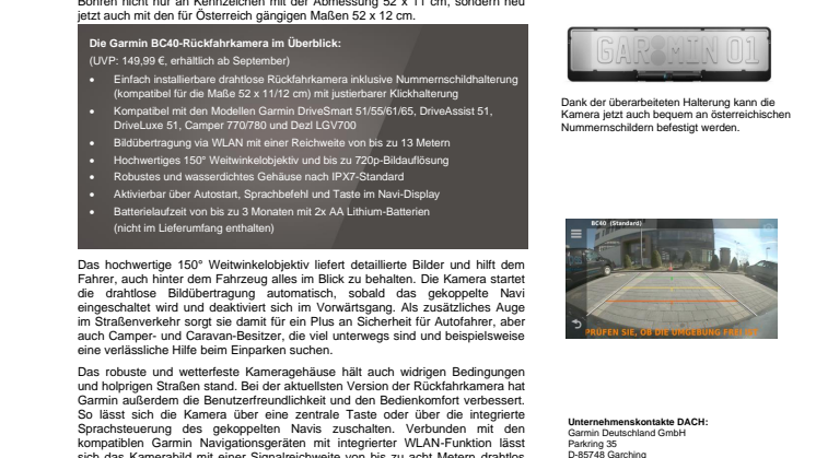 PM Garmin BC40-Rückfahrkamera mit Nummernschildhalterung für Österreich