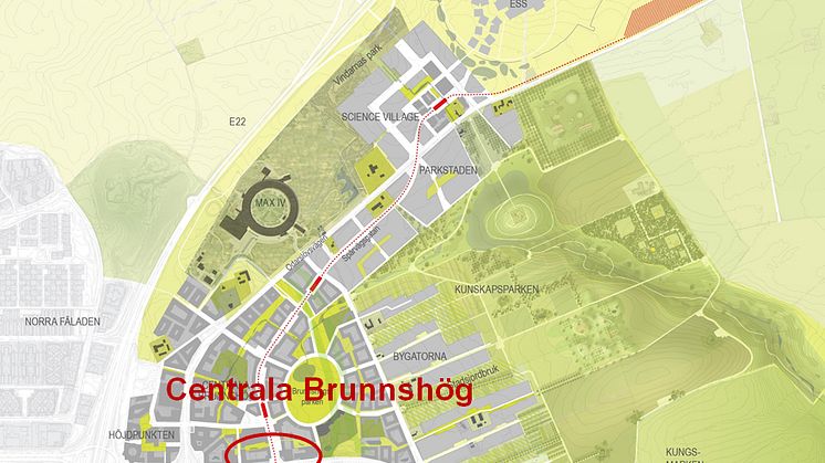 Markanvisningstävlingen för centrala Brunnshög avgjord. De fem aktuella byggrätterna ligger i det rödmarkerade området på bilden.