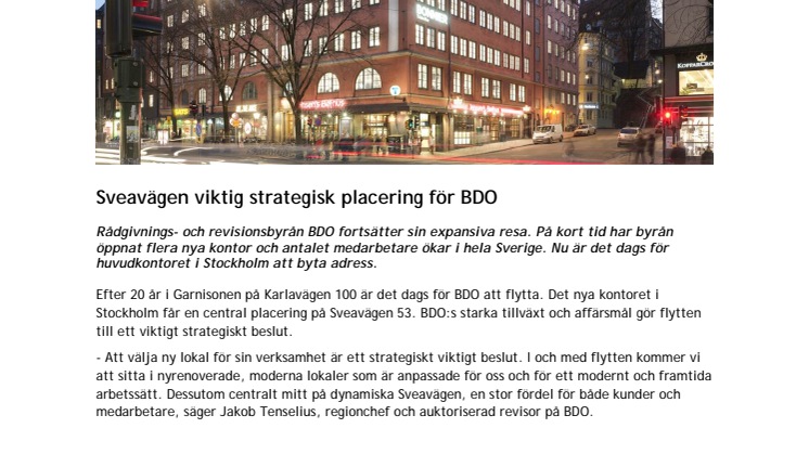 Sveavägen viktig strategisk placering för BDO