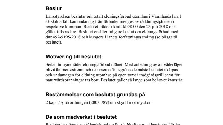 Beslut om totalt eldningsförbud i Värmlands län