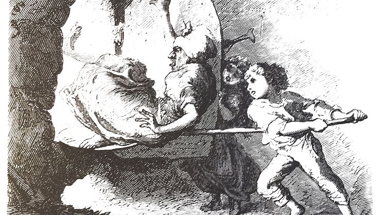 Hans och Greta skjutsar in häxan i ugnen. 