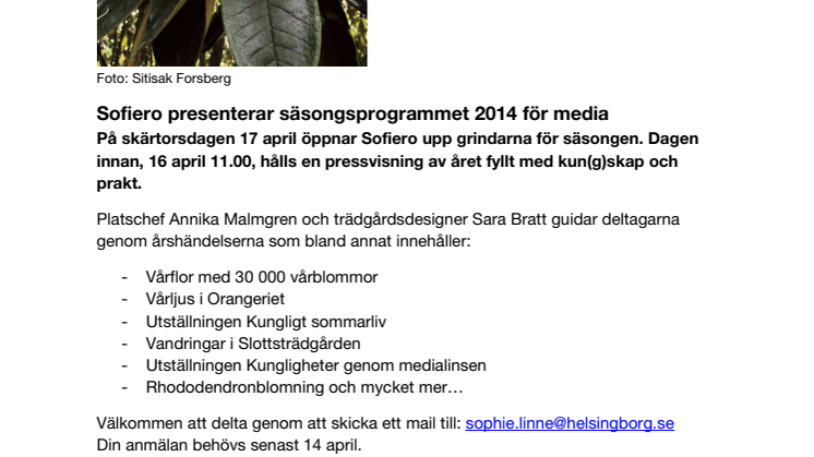 Sofiero presenterar säsongsprogrammet 2014 för media