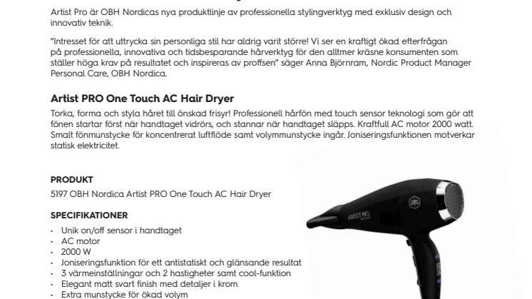 Artist PRO One Touch AC Hair Dryer