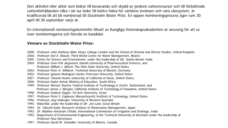 Fakta om Stockholm Water Prize
