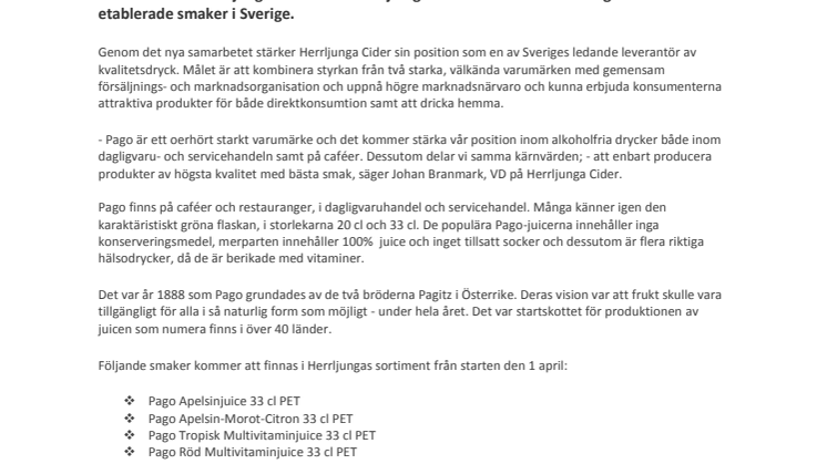 Herrljunga Cider övertar distributionen av Pago