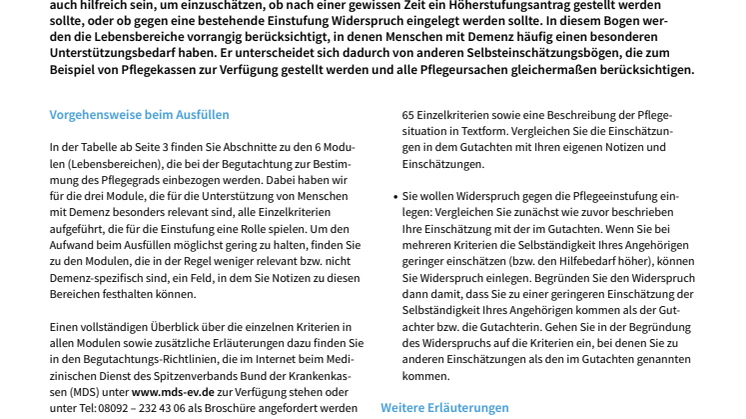 Selbsteinschätzungsbogen zur Vorbereitung auf die Begutachtung zum Pflegegrad bei Demenz