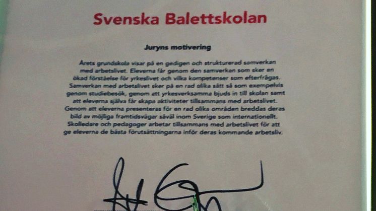 Under gymnasiedagarna vann Svenska Balettskolan Göteborgsregionens "Utmärkelsen 2018" i kategorin grundskola. Svenska Balettskolan 2018.