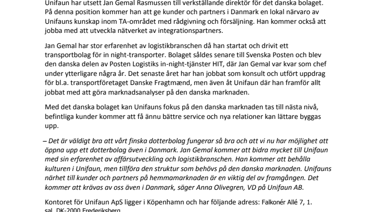 Unifaun startar dotterbolag i Danmark