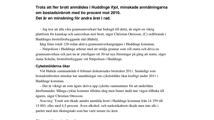 Färre bostadsinbrott i Huddinge