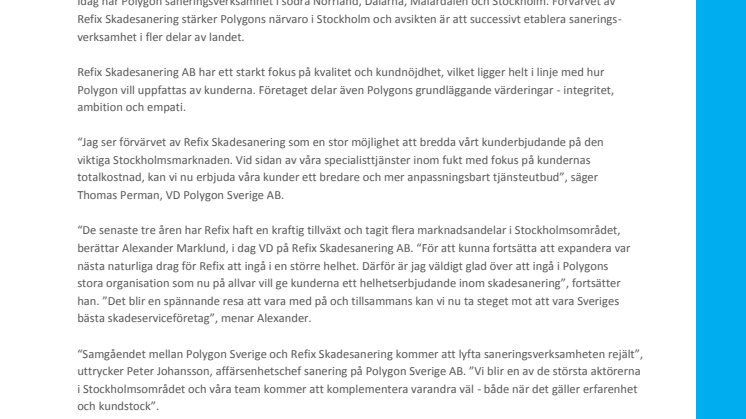 Polygon och AK-konsult förvärvar Refix Skadesanering AB i Stockholm