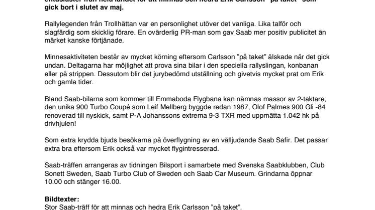 Carlsson ”på taket” hedras med Saab-träff i Emmaboda