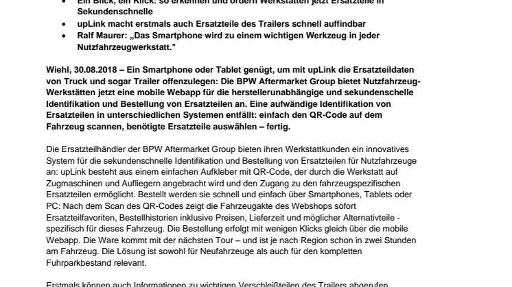 BPW Aftermarket Group macht die Identifikation von Ersatzteilen für Nfz-Werkstätten zum Kinderspiel: mit upLink
